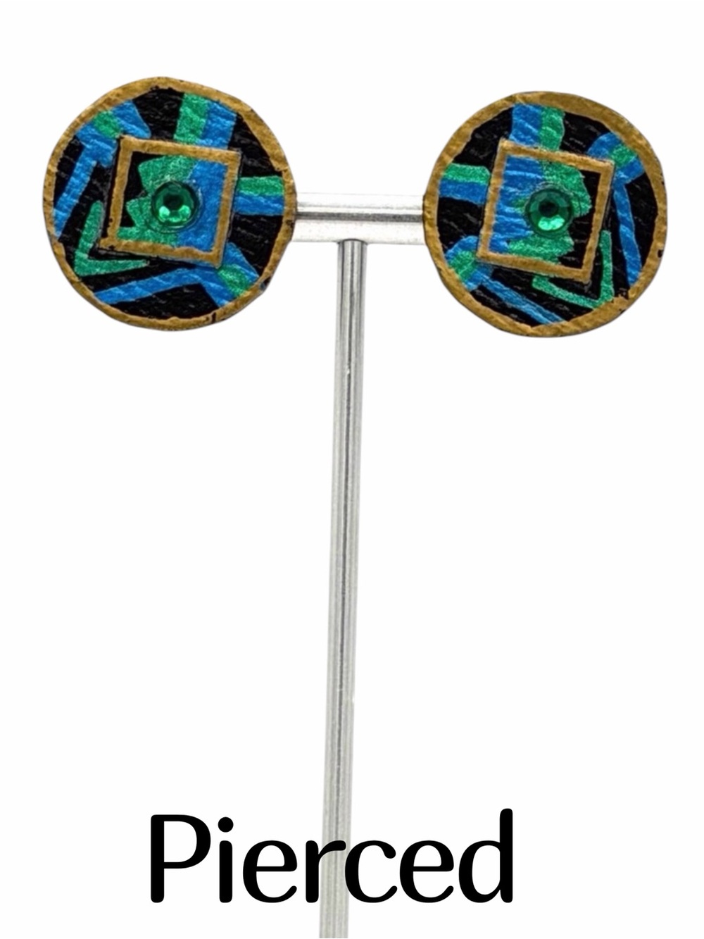 Creative Magic Artesian Earrings Colorful Geometric Aztec Design & Green Stone